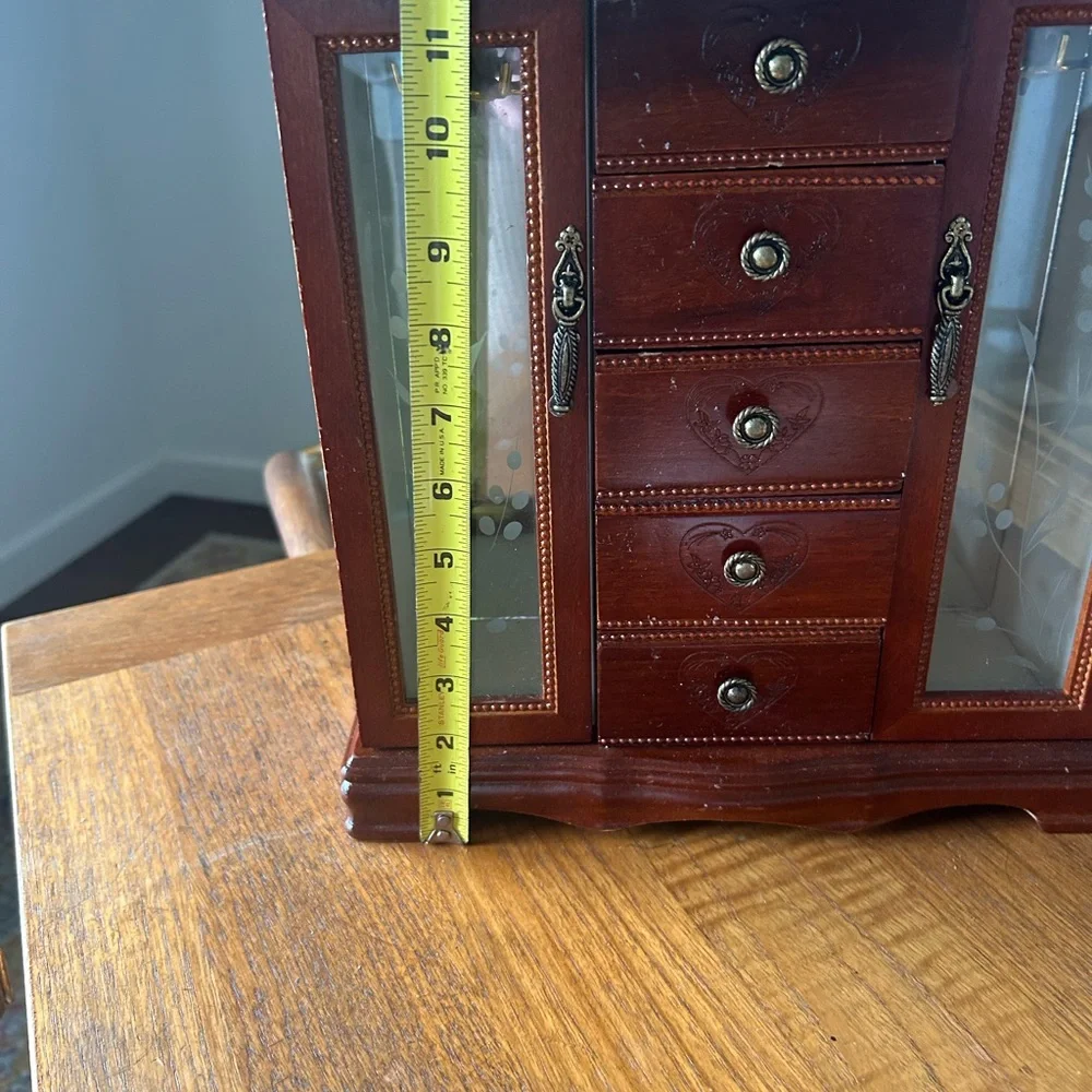 Elegant Wooden Jewelry Organizer with Glass Doors and Heart Accents